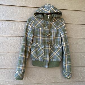 Billabong Olive Green Plaid Wool Blend Lined Hooded Jacket